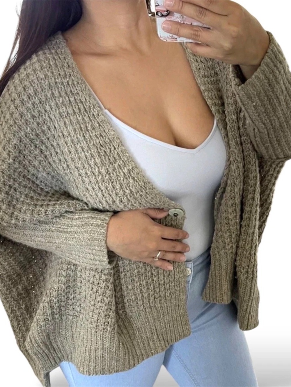 Free People Cozy Chunky Knit Open Cardigan Sweater - Beige